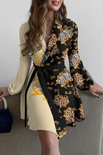 Woochic robe blazer col en V imprimée manches lanternes ourlet ceinture noir S
